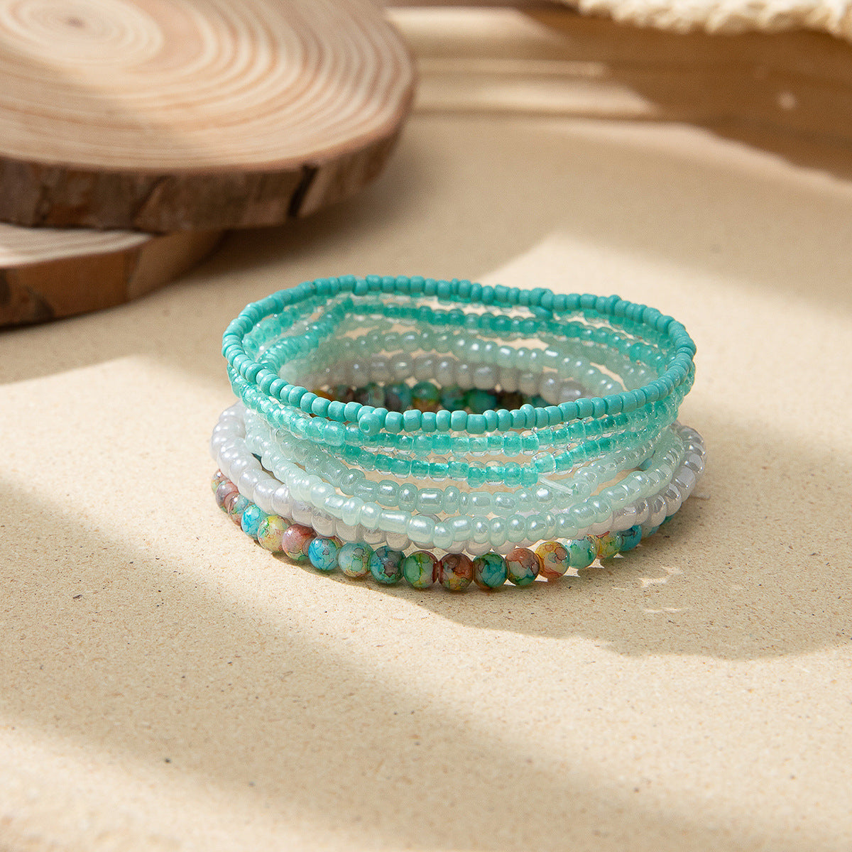 Conjunto de pulseras elásticas de cuentas de arroz multicolor bohemias
