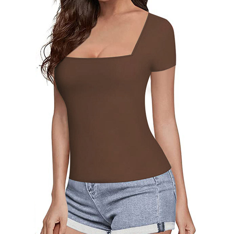 T-shirt sexy à décolleté carré et col rond pour femme