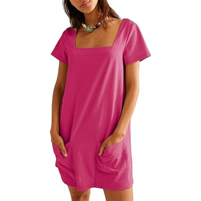Women Fashion Casual Solid Color Square Neck Dress