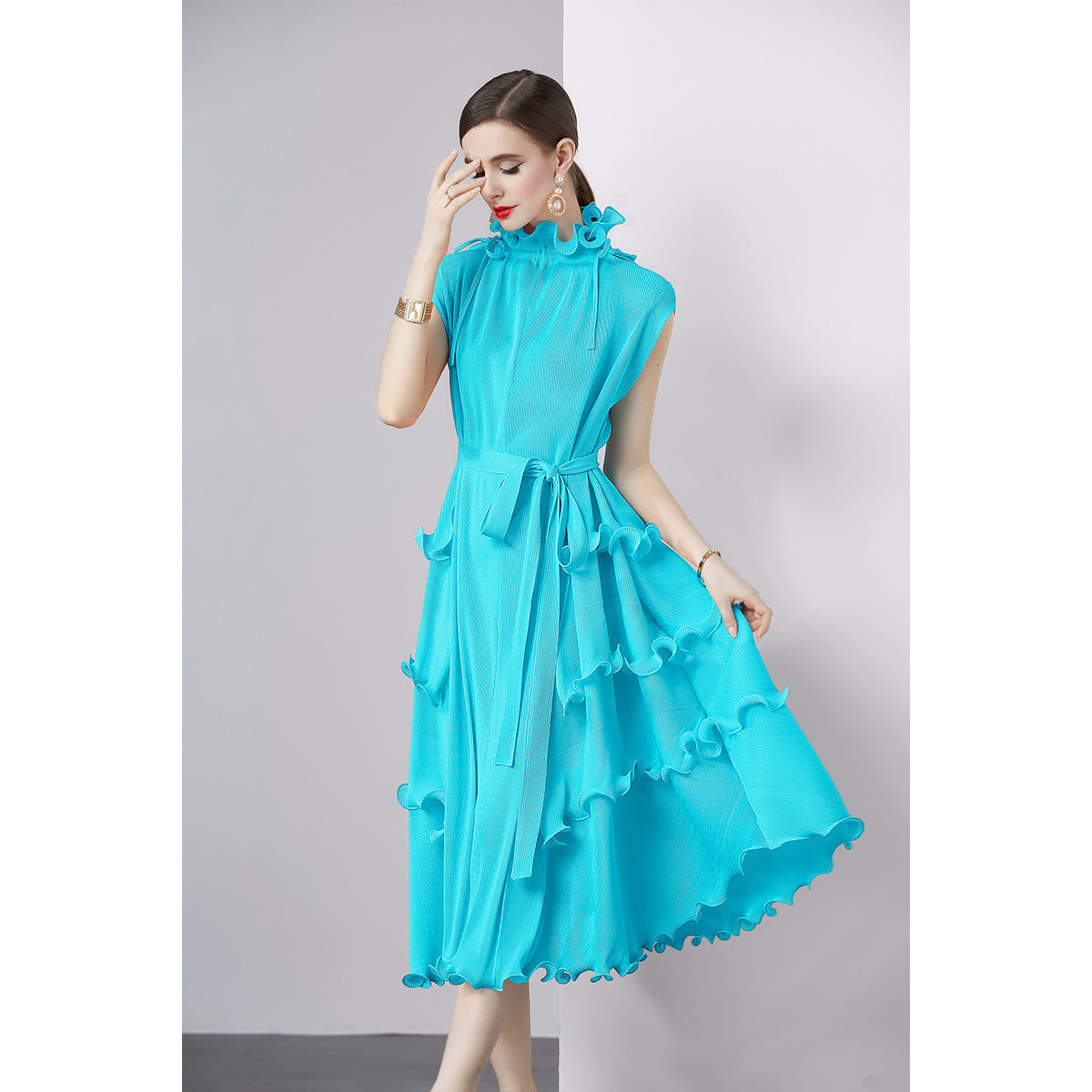 Women Solid Color Pleated Chiffon Dress