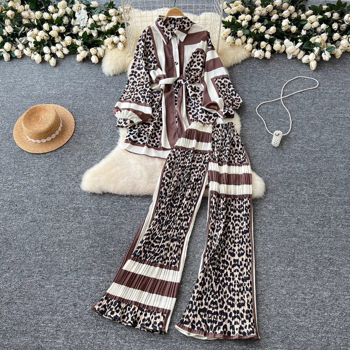 Women Casual Printed Blouse and Wide Leg Pants Set