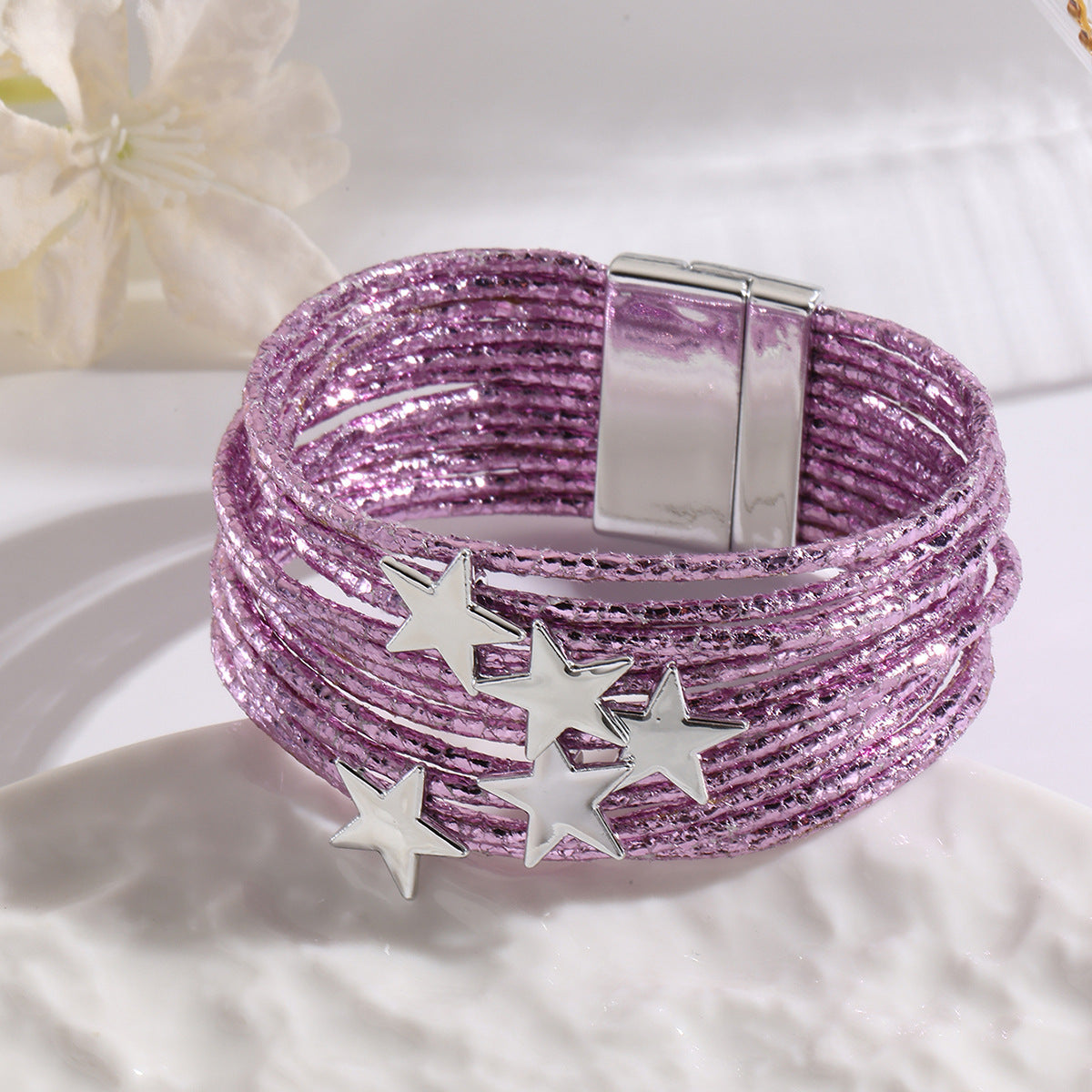 Women Fashion Creative Multi-Layer Five-Pointed Star Leather Bracelet
