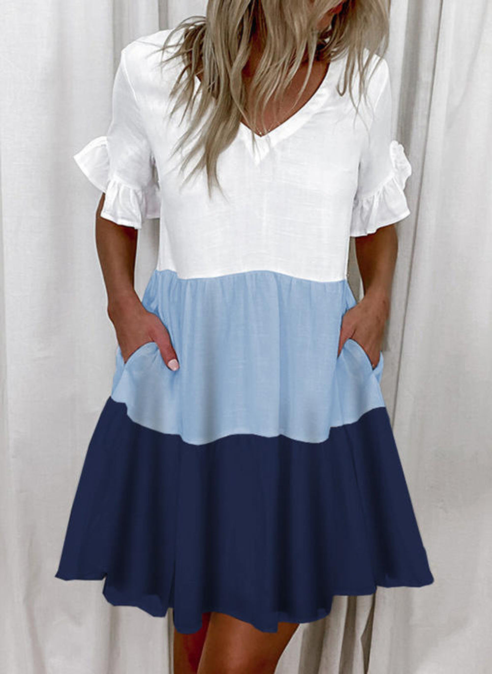 Vestido casual con cuello en V y estampado de bloques de color para mujer