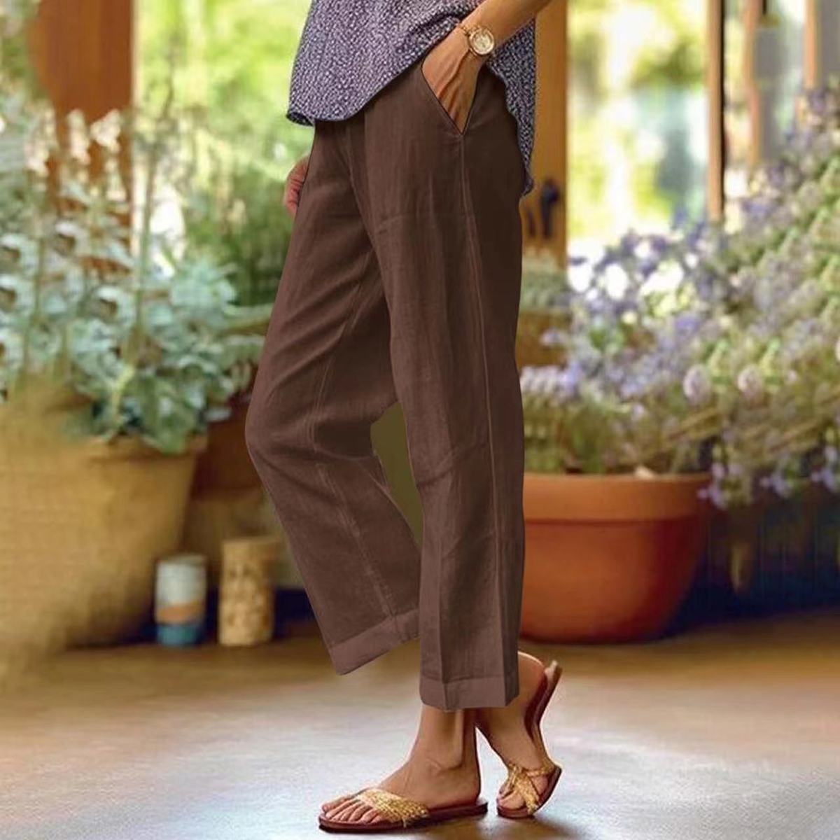 Pantalones casuales de lino y algodón de color liso a la moda para mujer