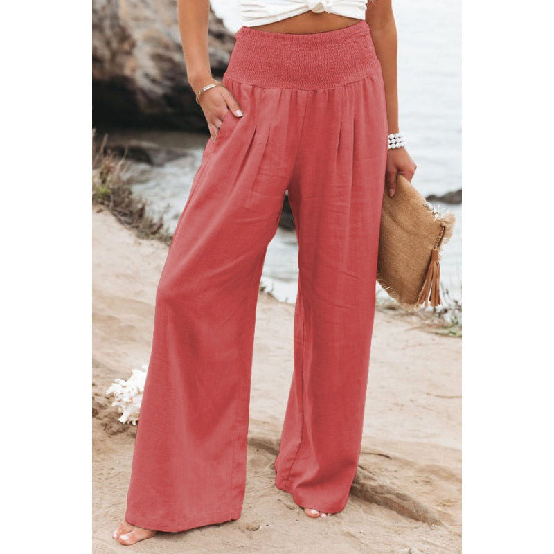 Women Fashion Casual Solid Color Cotton Linen Wide Leg Pants