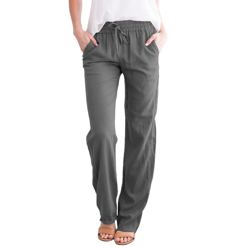 Pantalones casuales de algodón y lino de color sólido para mujer
