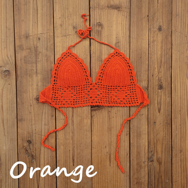 Top de bikini de crochet con cuello halter, sexy, de color liso para mujer