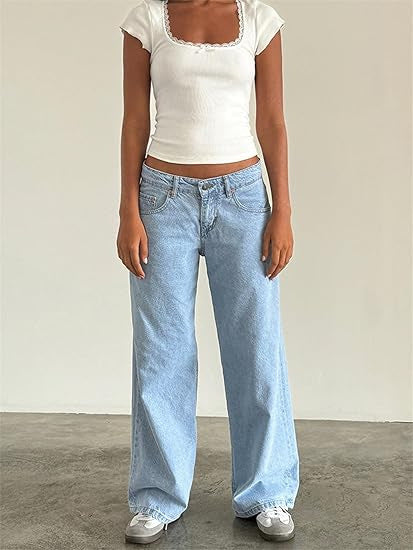 Vaqueros rectos de cintura baja de color liso retro casual para mujer