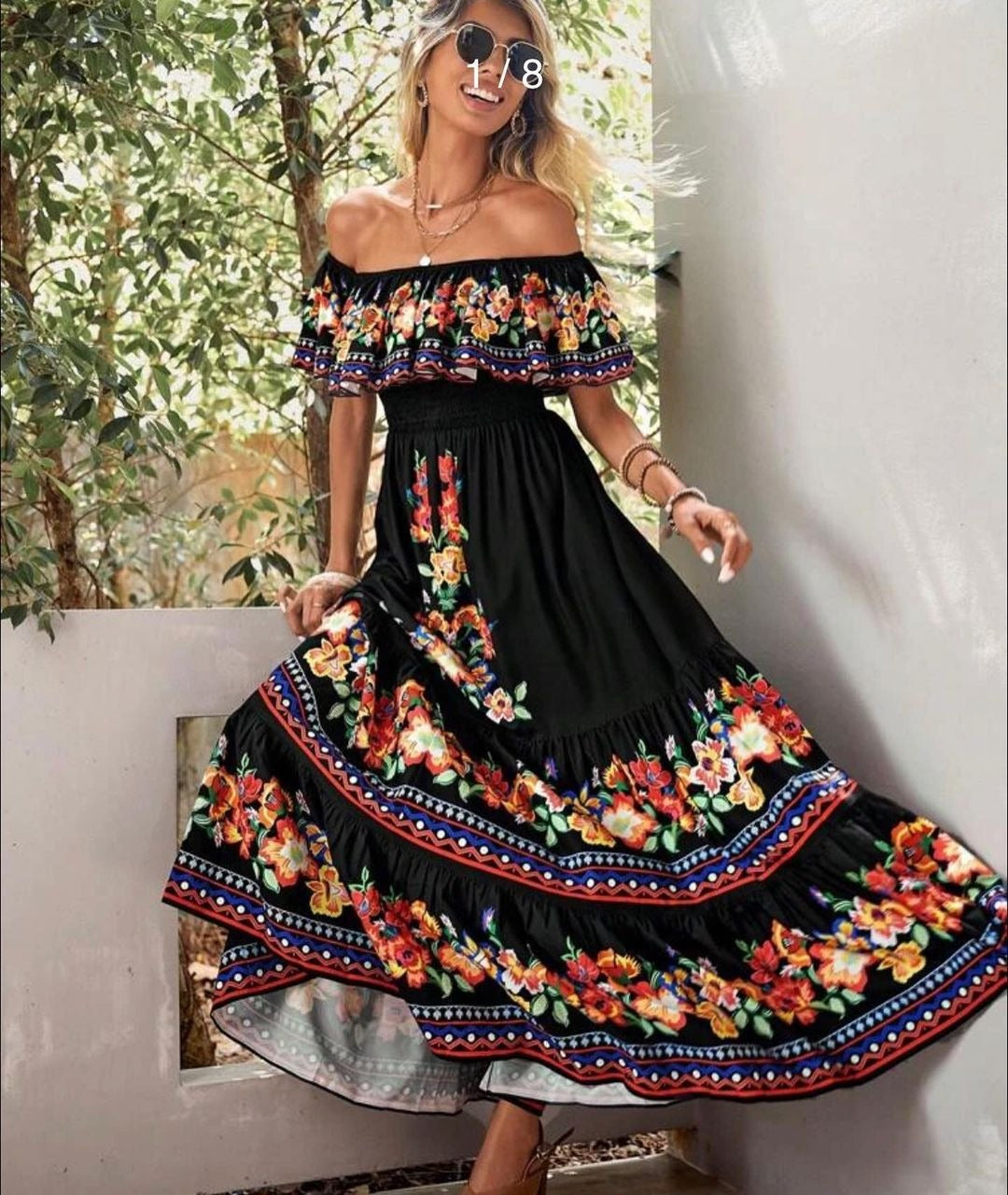 Robe longue d'été sexy style bohème à épaules dénudées et imprimé floral
