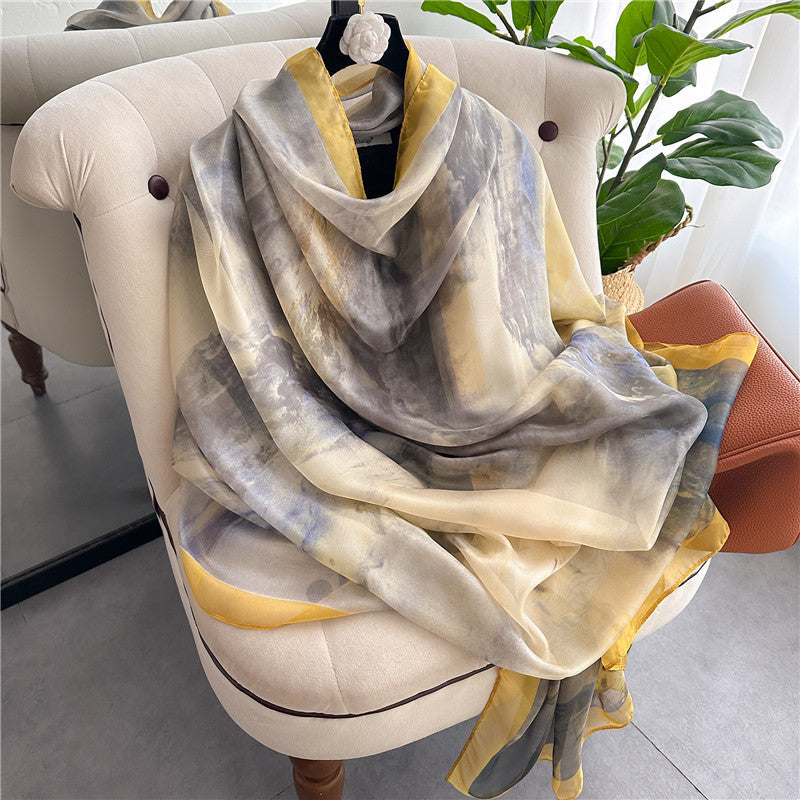 Summer Women Fashion Geometric Leaves Printed Silk Scarf