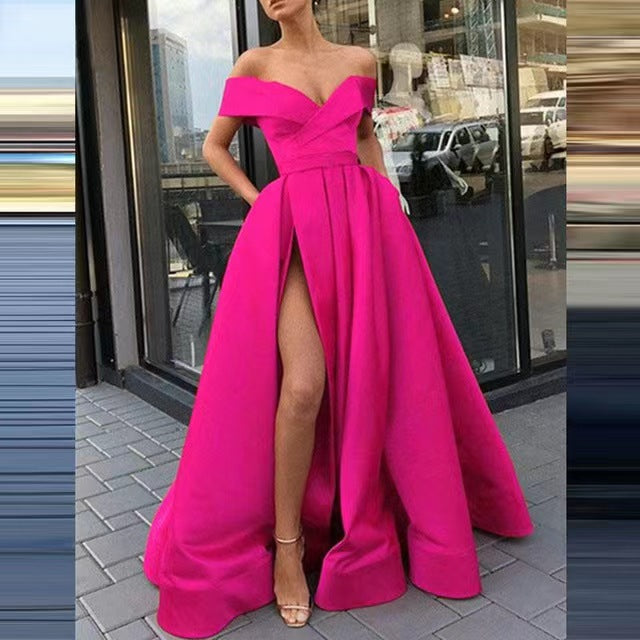 Women Sexy Elegant Satin Deep V-Neck Off Shoulder Party Dress