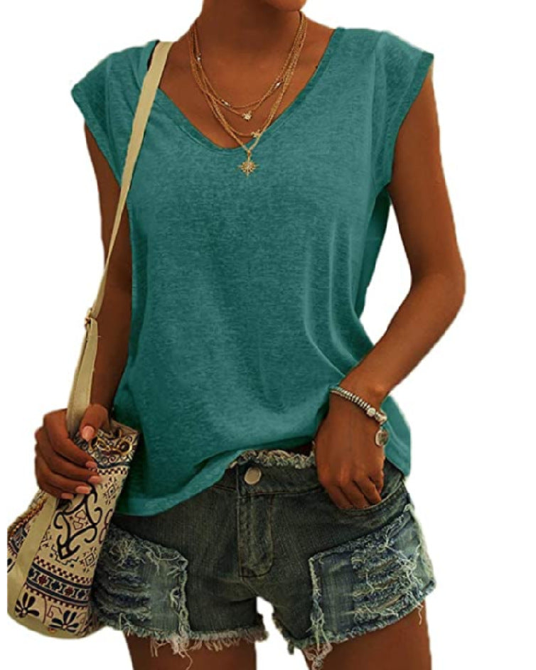 Summer Women Simple Solid Color V-Neck Blank T-Shirt