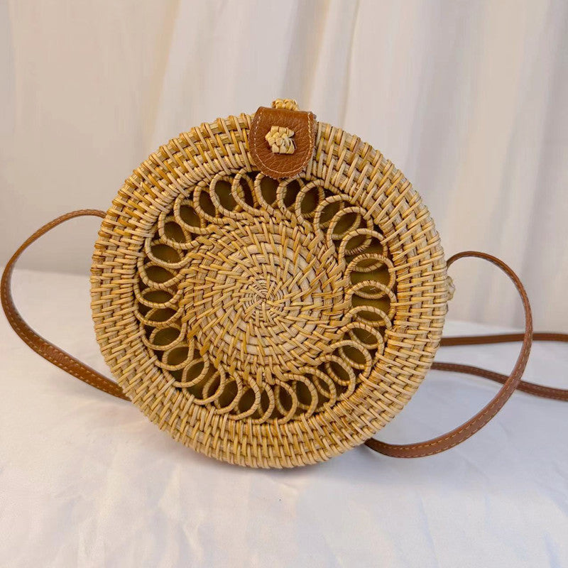 Sac rond en paille tissée vintage de style bohème