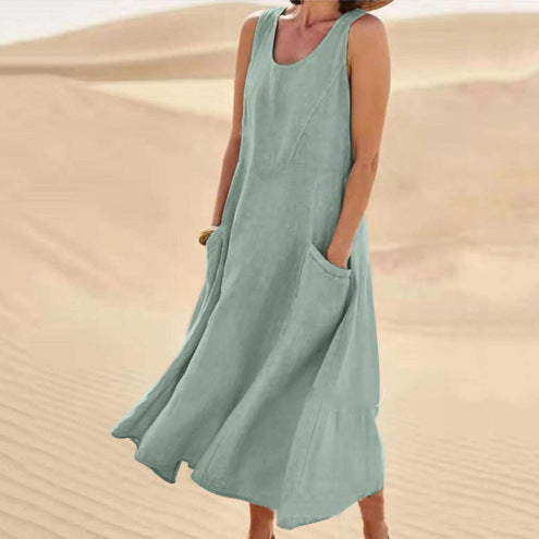 Robe d'été décontractée en lin de couleur unie pour femme
