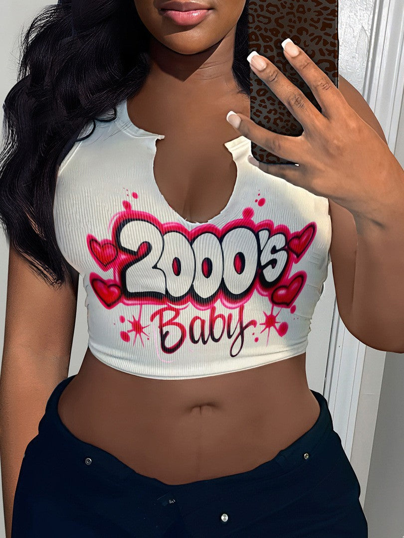 Top corto sin mangas con cuello en U y estampado de letras sexy para mujer