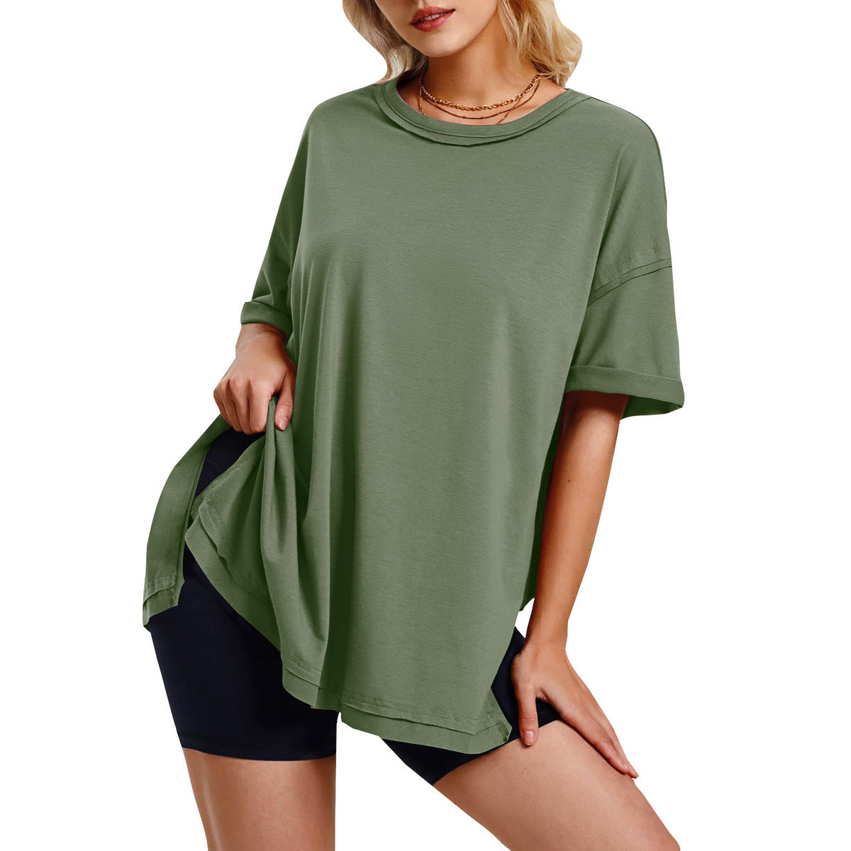 Women Casual Solid Crewneck Loose Tee in Cotton