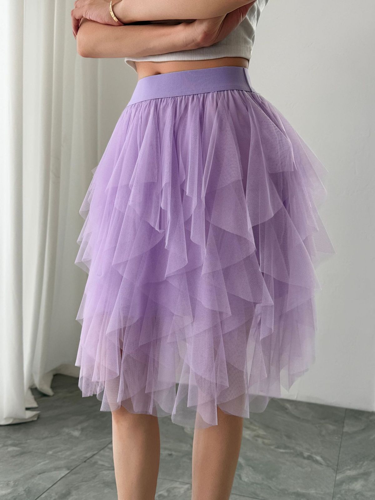 Women Fashion Solid Color Mesh Irregular Hem Skirt