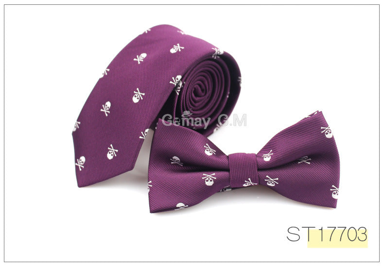 Ensemble d'accessoires de cravate ultra-étroite en polyester pour homme, motif tête de mort, pour Halloween
