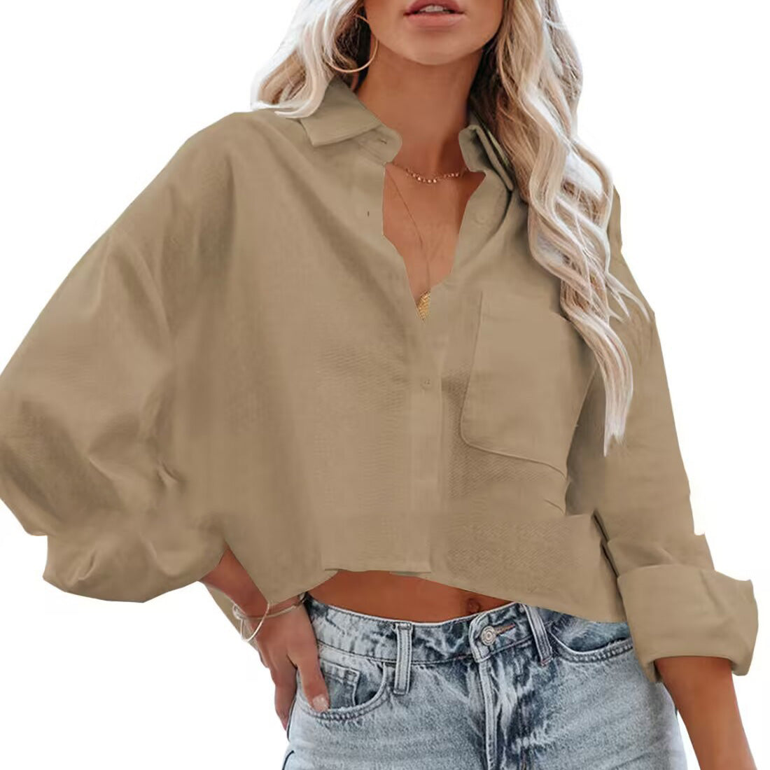 Women Casual Solid Color Cotton Long Sleeve Crop Top Blouse