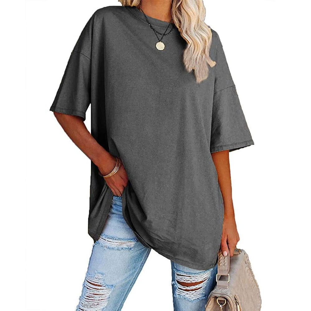Camiseta informal de manga corta con cuello redondo para mujer, lisa, holgada y lisa