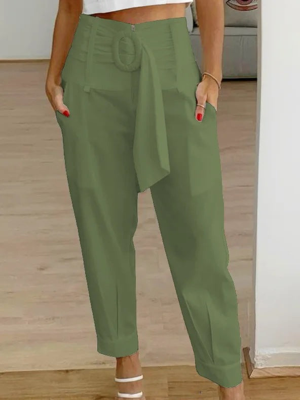 Pantalones casuales de lino con estampado floral de color liso de verano para mujer