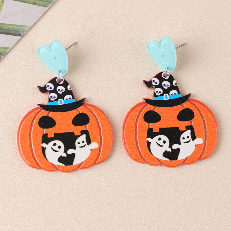 Boucles d'oreilles citrouille fantôme en acrylique pour femme, motif dessin animé d'Halloween