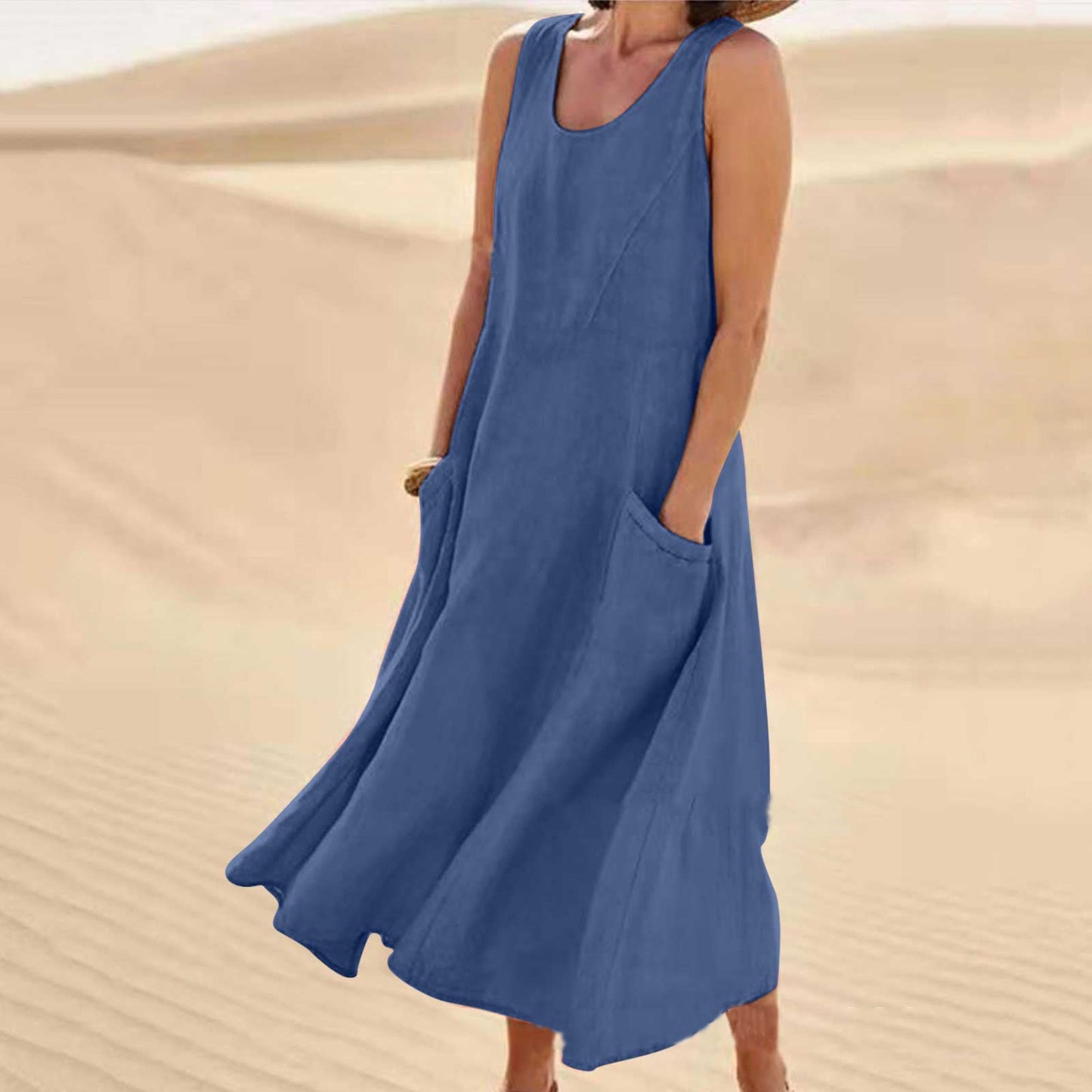 Robe d'été décontractée en lin de couleur unie pour femme