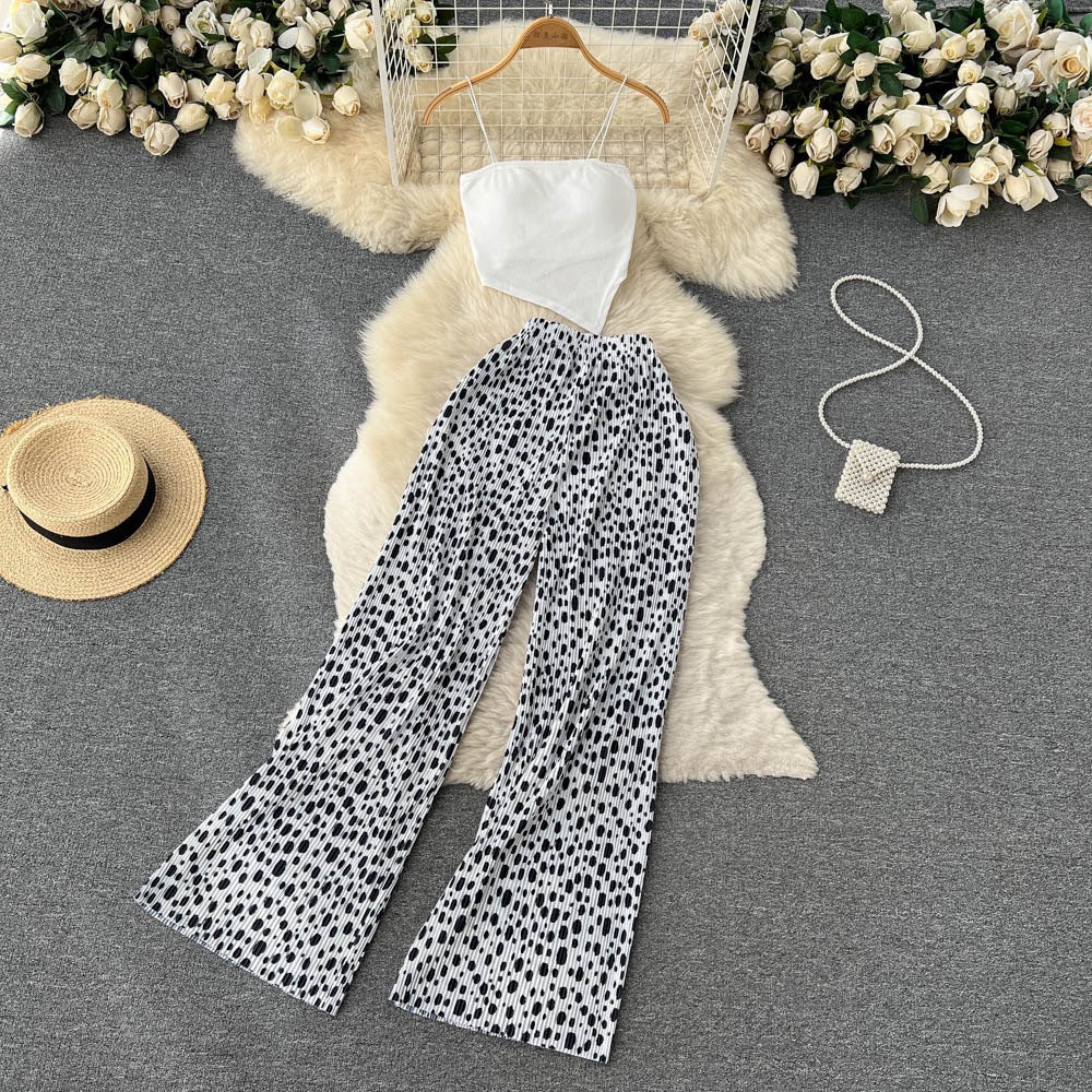 Ensemble deux pièces pour femme, caraco à bretelles spaghetti et pantalon large en tissu mélangé