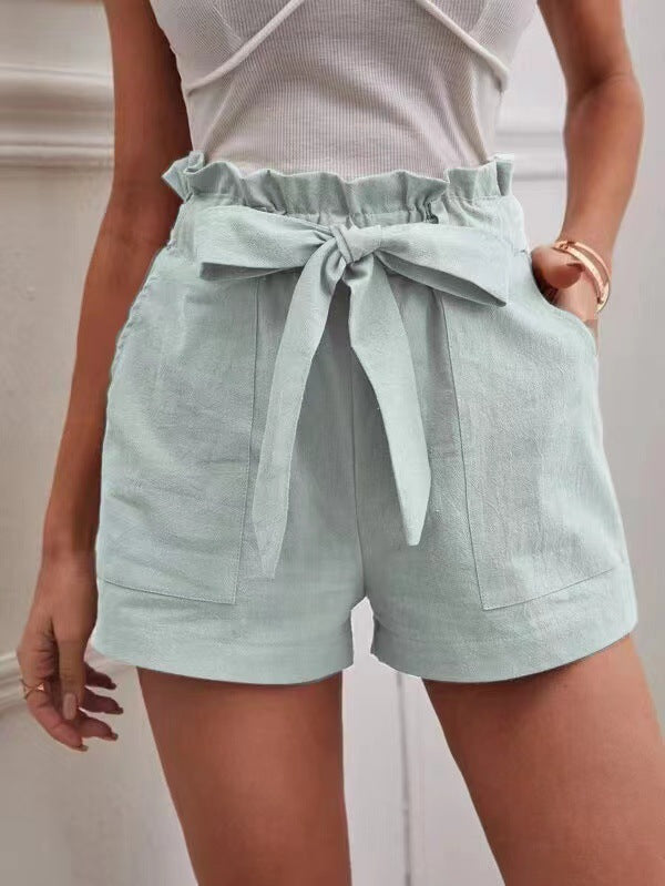 Women Casual Linen Solid Color Loose Pocket Shorts