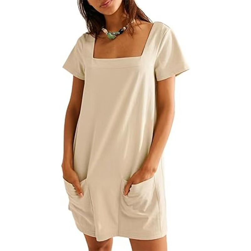 Women Fashion Casual Solid Color Square Neck Dress