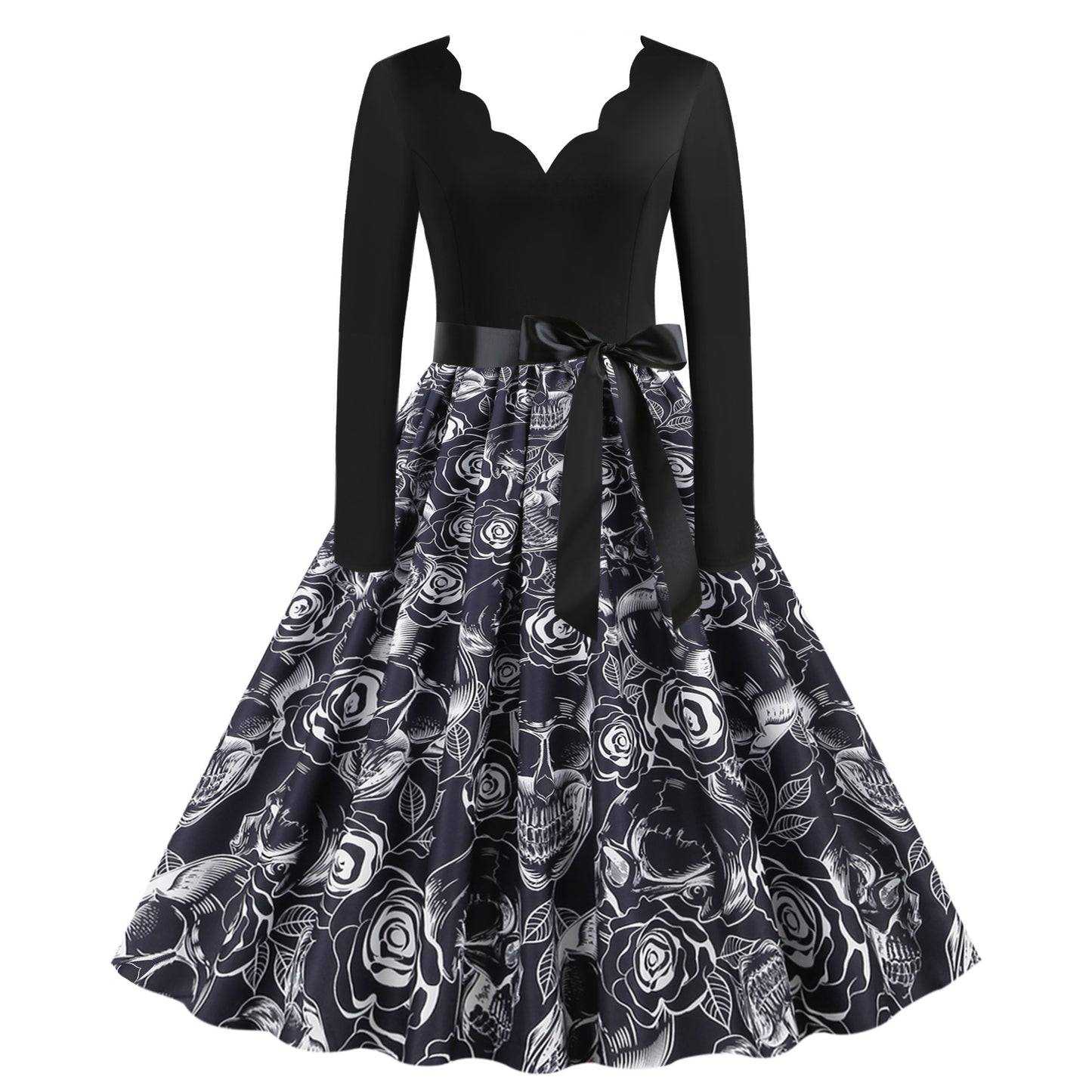 Vestido informal de Halloween con estampado de calavera y rosa para mujer