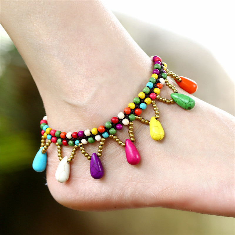 Tobillera bohemia con borlas trenzadas hechas a mano