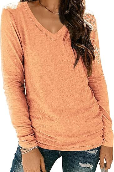 Women Fashion Casual Solid Color V-Neck Long Sleeve Blank T-Shirt