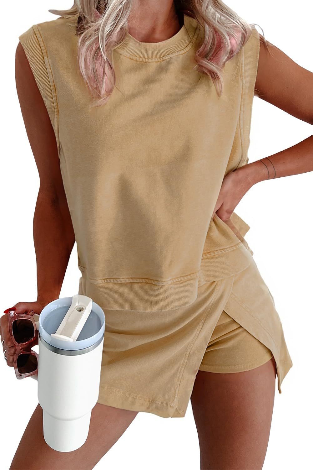 Women Casual Cotton Sleeveless T-Shirt and Shorts Set