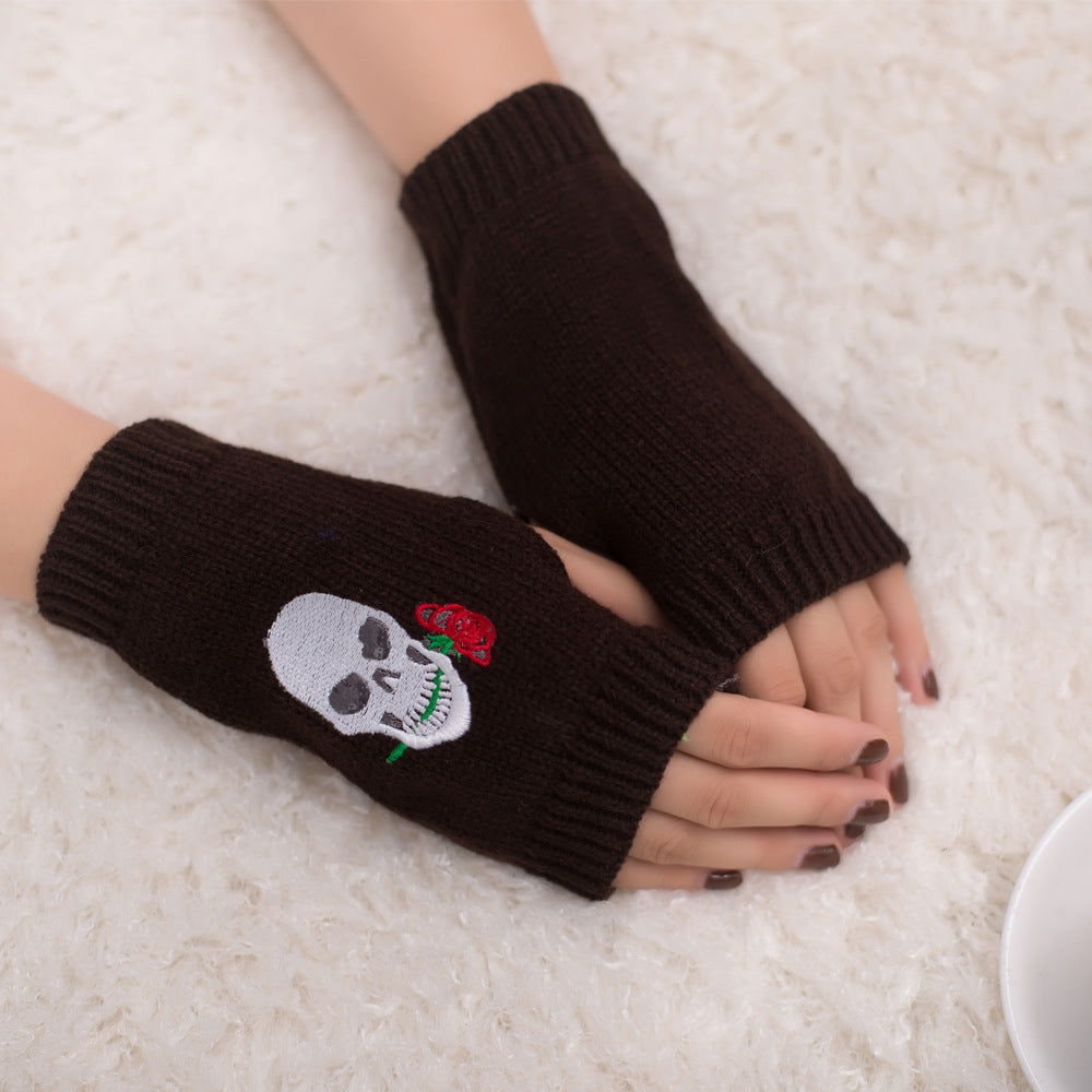 Halloween Autumn Winter Wool Embroidered Skull Gloves