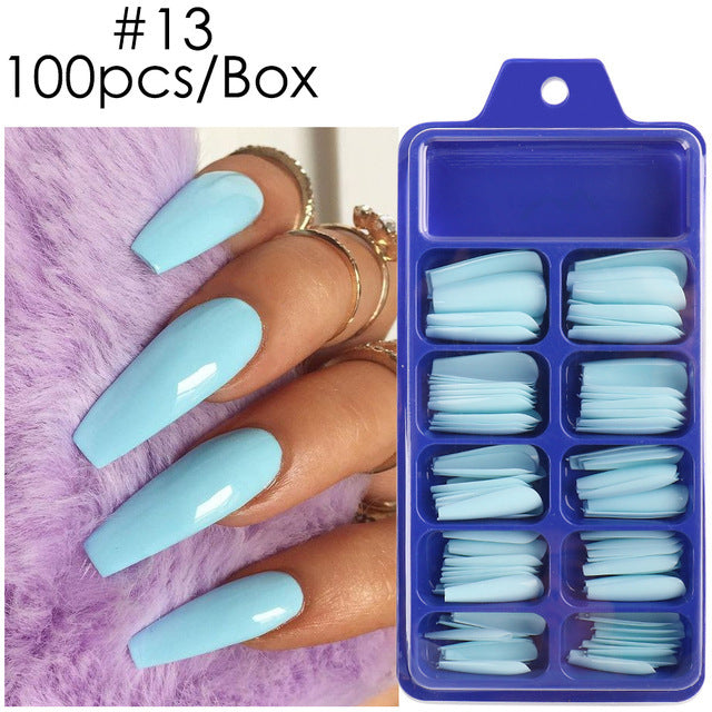 Uñas postizas con diseño de caja azul y pegatinas completas para usar en ballet largo