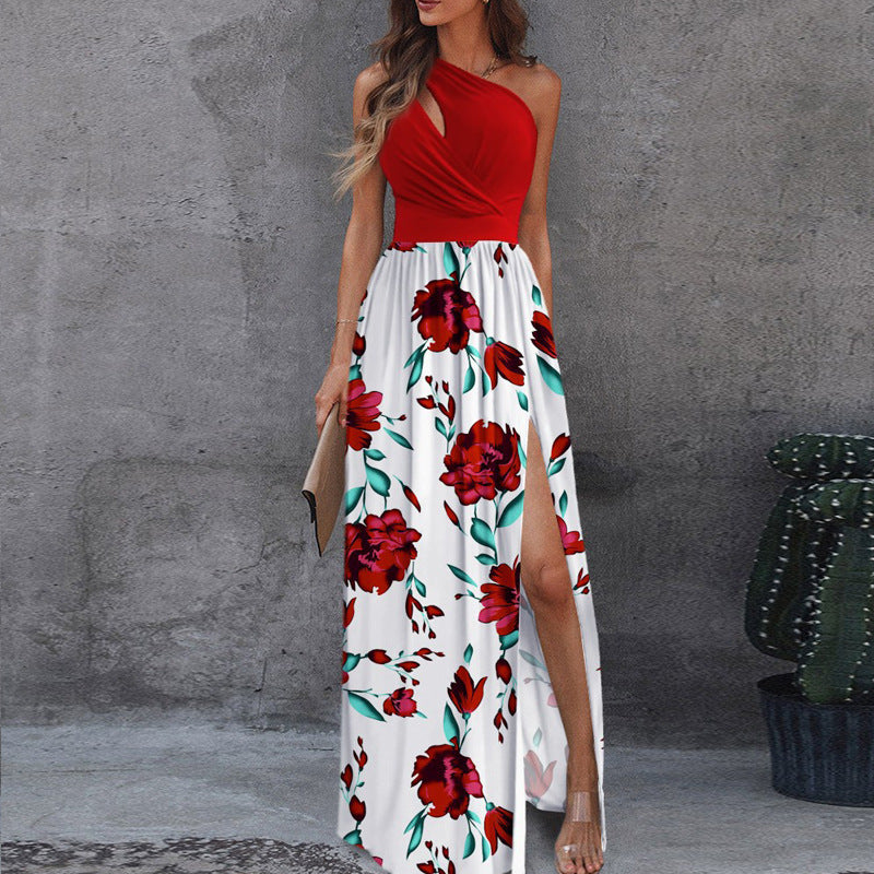Women Fashion Sexy Slant Shoulder Hollow-Out Sleeveless High Waist Dress