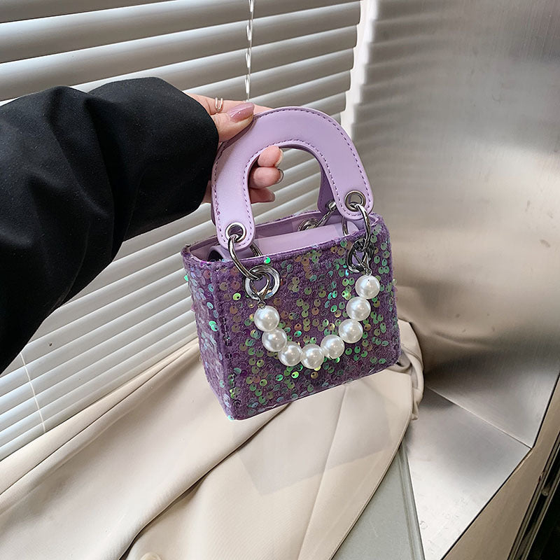 Mini bolso bandolera de verano con lentejuelas brillantes y correa de perlas