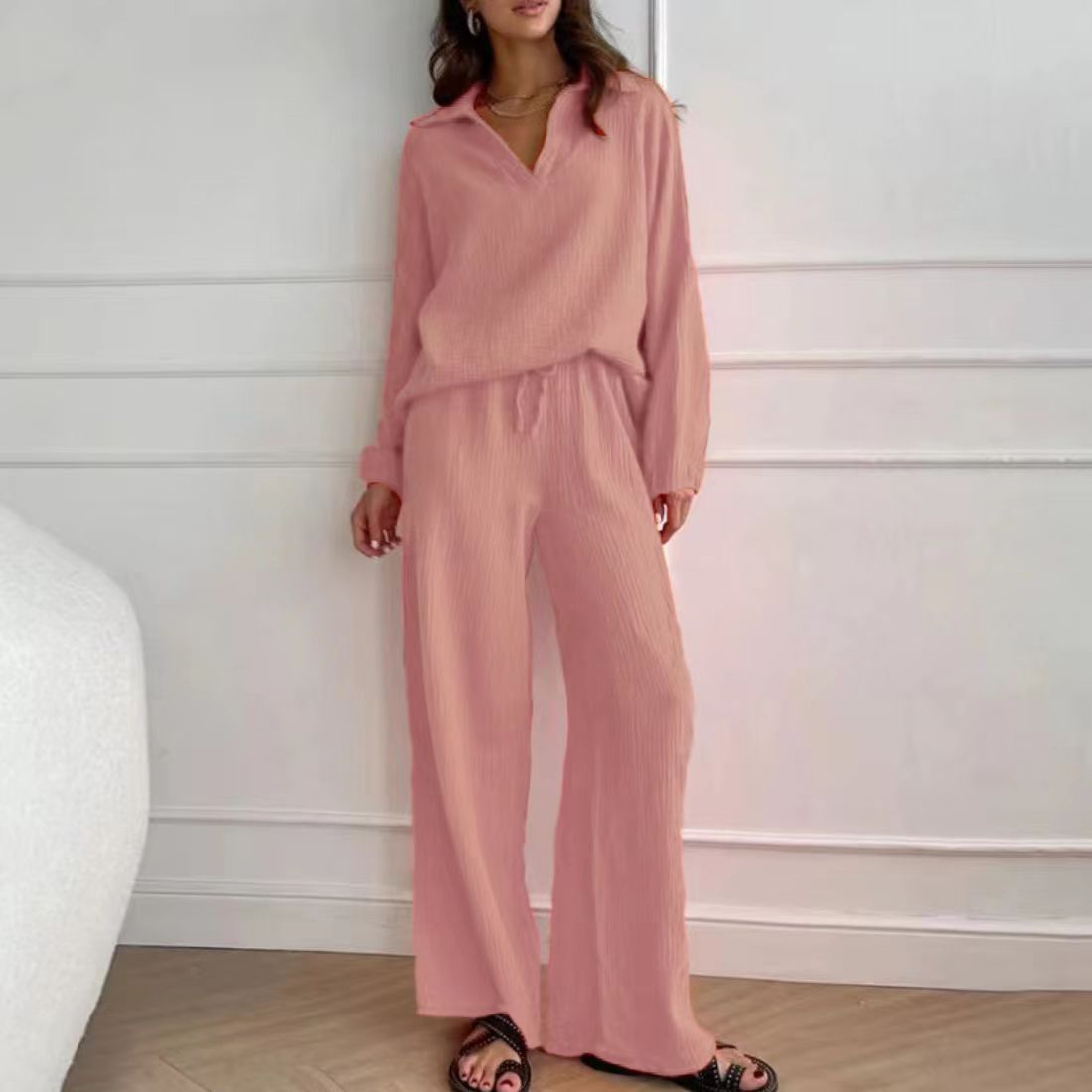 Ensemble deux pièces à col en V et couleur unie pour femme