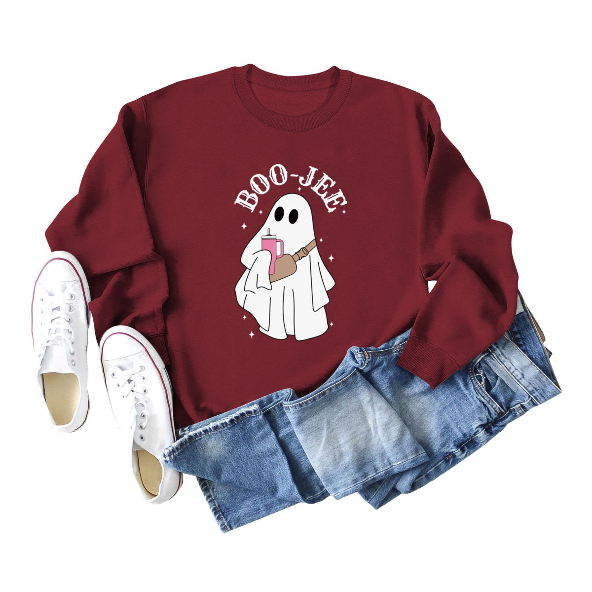 Sweat-shirt ras du cou imprimé fantôme de dessin animé pour femme Halloween