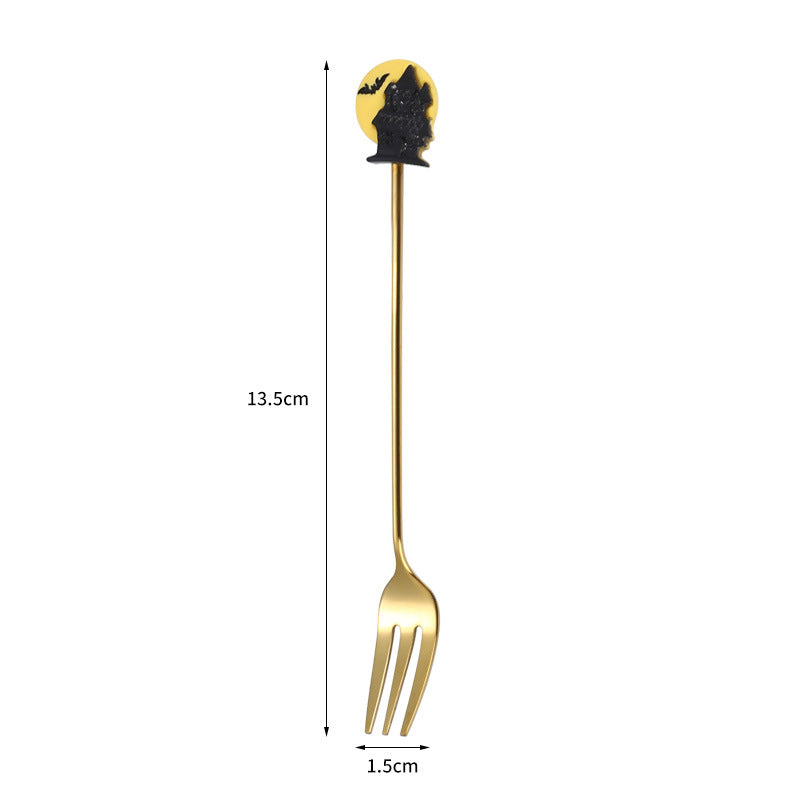 Tenedor y cuchara de acero inoxidable para postres y frutas con dibujos animados de Halloween.