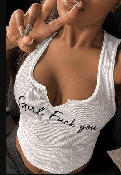 Top corto sin mangas con cuello en U y estampado de letras sexy para mujer