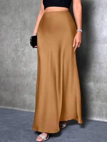 Women Fashion Casual Solid Color Satin Skirt