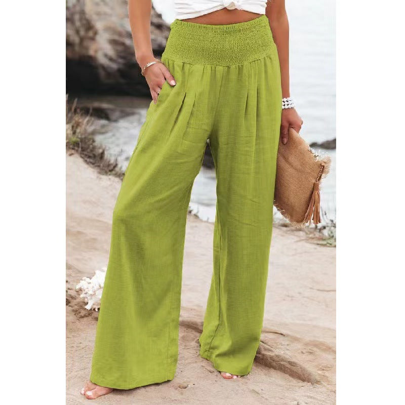 Pantalones anchos de lino y algodón para mujer con bolsillos