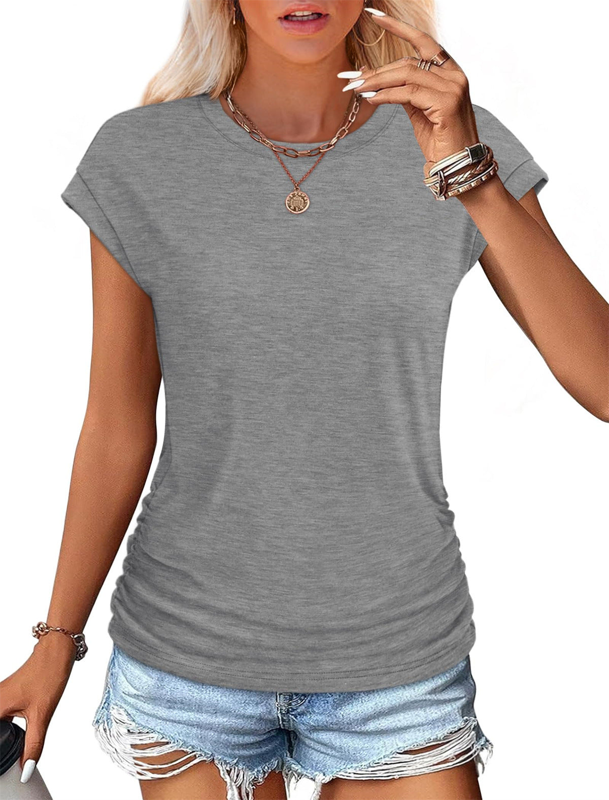T-shirt décontracté à manches courtes en coton et soie pour femme, couleur unie