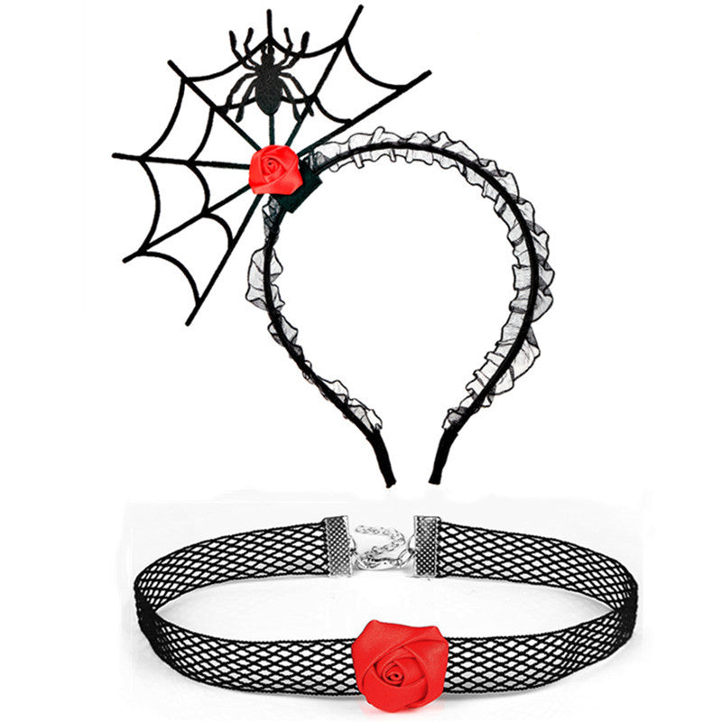Ensemble de bijoux ras du cou en dentelle avec bandeau en toile d'araignée noire pour femme, idéal pour Halloween
