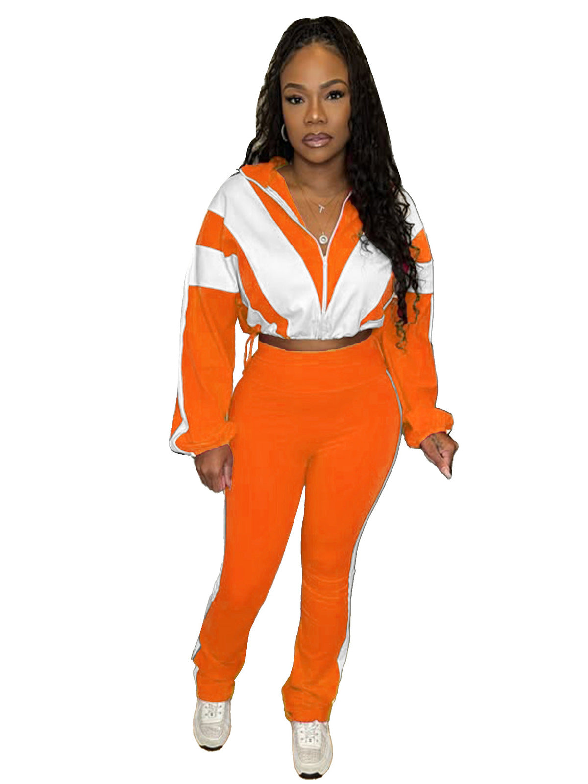 Women Athleisure Rubber Buckle Tight Waist Crop Sweatshirt Pants Set