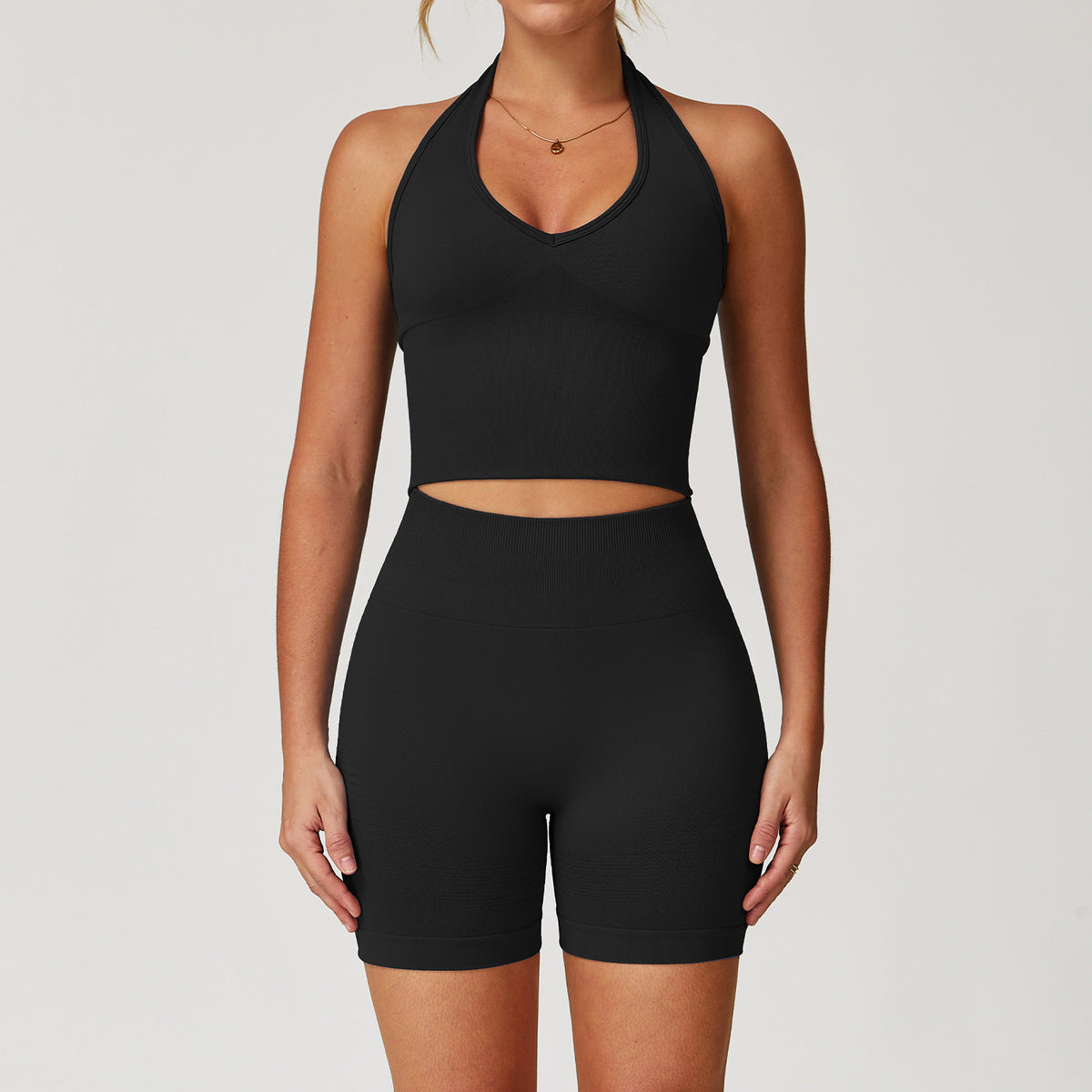 Conjunto de camiseta sin mangas con cuello halter, sin costuras y color liso para mujer