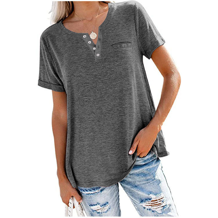 Camiseta informal holgada de verano para mujer, color liso, con cuello en V