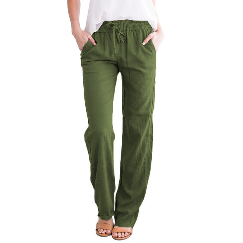 Pantalones casuales de algodón y lino de color sólido para mujer